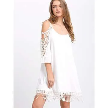 Milumia Women's Summer Cold Shoulder Crochet Loose Beach Dress White X-Large