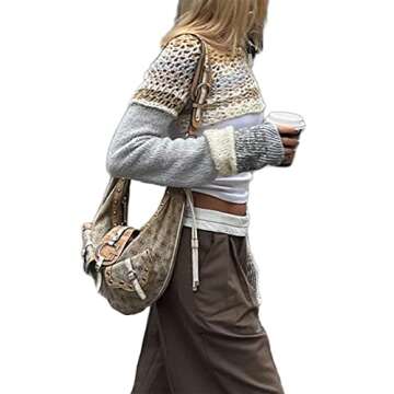 Women Y2K Crochet Shrug Sweater Knit Long Sleeve Crop Tops Bolero Cardigan Cover Ups Contrast Color Patchwork Streetwear