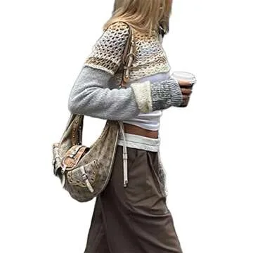 Women Y2K Crochet Shrug Sweater Knit Long Sleeve Crop Tops Bolero Cardigan Cover Ups Contrast Color Patchwork Streetwear