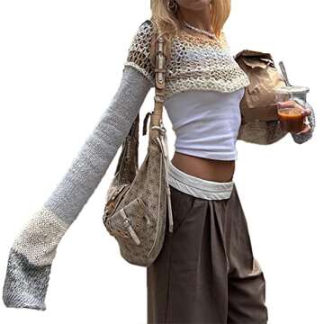 Women Y2K Crochet Shrug Sweater Knit Long Sleeve Crop Tops Bolero Cardigan Cover Ups Contrast Color Patchwork Streetwear