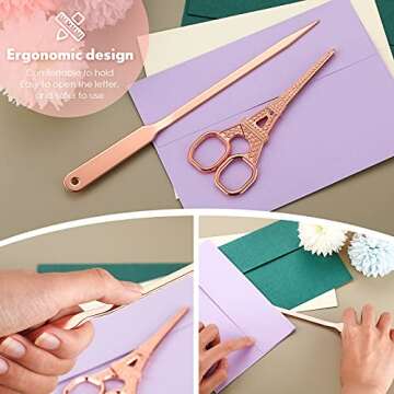 3 Pcs Office Letter Opener Envelope Slitter and Scissors Steel Hand Envelope Slitter Lightweight Open Letter Knife Tower Embroidery Scissors for Office School Supplies (Rose Gold)