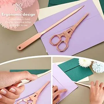 3 Pcs Office Letter Opener Envelope Slitter and Scissors Steel Hand Envelope Slitter Lightweight Open Letter Knife Tower Embroidery Scissors for Office School Supplies (Rose Gold)