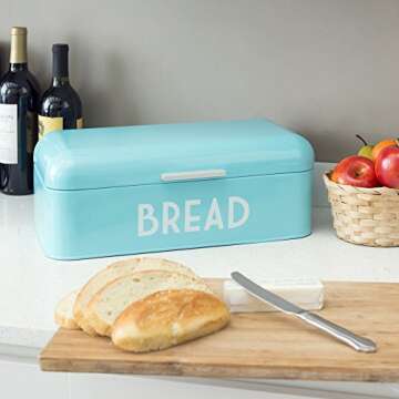 Retro Bread Box For Kitchen Countertop, Metal, (Turquoise) By Home Basics, Vented With Hinge Top Large Bread Box Keeps Loaves, Bagels, Croissants Fresh