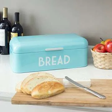 Retro Bread Box For Kitchen Countertop, Metal, (Turquoise) By Home Basics, Vented With Hinge Top Large Bread Box Keeps Loaves, Bagels, Croissants Fresh