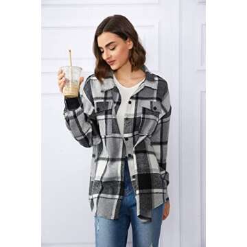 Trendy Queen Womens Flannel Shacket Casual Jacket Plaid Button Down Long Sleeve Shirt Fall Winter Ou...