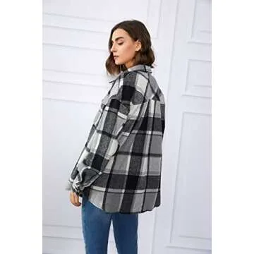 Trendy Queen Womens Flannel Shacket Casual Jacket Plaid Button Down Long Sleeve Shirt Fall Winter Outfits, Grey, S