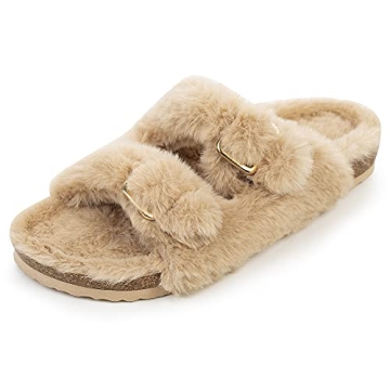 FITORY Women's Cozy Faux Fur Cork Slide Sandals