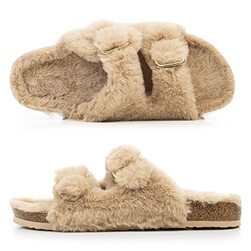 FITORY Women's Cozy Faux Fur Cork Slide Sandals