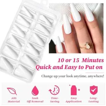 Colored Coffin Press on Nails Long Ballerina False Fake Nail Tips Full Cover Manicure Design Acrylic Nails 100pc for Women Teen Girls (White)