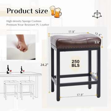 Sweetcrispy 24 inch Bar Stools Set of 2, Upholstered Modern Counter Height Bar Stools for Kitchen Island Modern PU Leather Sadless Stools Chair with Metal Base and Footrest, Brown