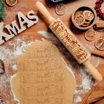 HEALLILY Christmas Gingerbread Men Wood Holiday Rolling Pin for Festive Baking