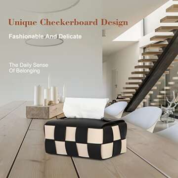 Anhixuse Tissue Box Cover, Rectangular Tissue Box Holder, Modern PU Leather, Stylish Checkerboard for Living Room, Decorative Shelf, Bathroom Counter Top, Bedside Table, Desk (Black)