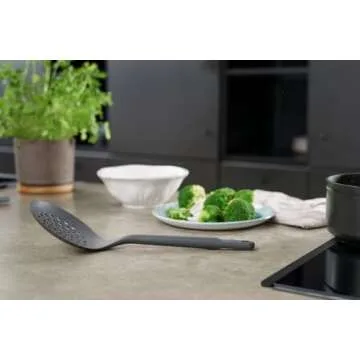 Zyliss E980232 Skimmer, Sustainable Wheatstraw/Nylon, Cooking Spoon with Holes for Skimming/Draining, Non Stick, Heat Resistant Silicone Head, Beluga Grey, 13.2" X 4.8", Dishwasher Safe