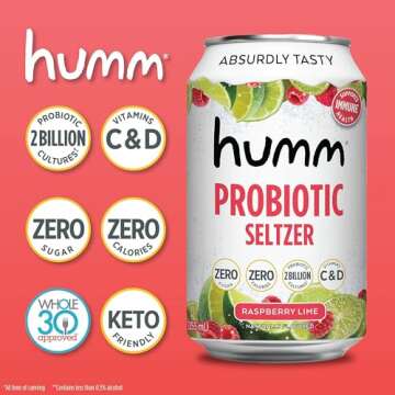 Humm Raspberry Lime Sparkling Water, Zero Sugar, Zero Calorie Seltzer, Whole30 Approved Probiotic Drink, 2 Billion Probiotics, Vitamin C, D, and B12, 12 fl oz (12 Pack)