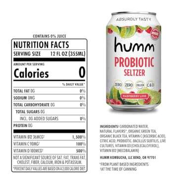 Humm Raspberry Lime Sparkling Water, Zero Sugar, Zero Calorie Seltzer, Whole30 Approved Probiotic Drink, 2 Billion Probiotics, Vitamin C, D, and B12, 12 fl oz (12 Pack)