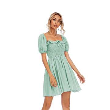R.Vivimos Women's Summer Cotton Short Sleeve Square Neck Elastic Smocked Ruffle Floral Print Swing Mini Dress