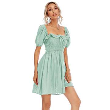 R.Vivimos Women's Summer Cotton Short Sleeve Square Neck Elastic Smocked Ruffle Floral Print Swing Mini Dress