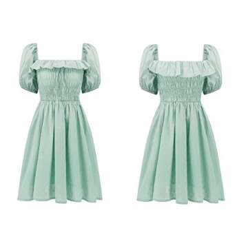 R.Vivimos Women's Summer Cotton Short Sleeve Square Neck Elastic Smocked Ruffle Floral Print Swing Mini Dress