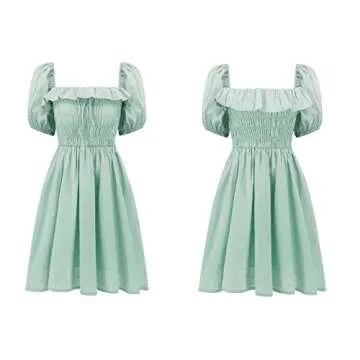 R.Vivimos Women's Summer Cotton Short Sleeve Square Neck Elastic Smocked Ruffle Floral Print Swing Mini Dress