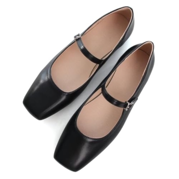TN TANGNEST Leather Flats for Women Comfortable Square Toe Slip On Flats Soft Work Flats Retro Mary Jane Flats Black 39(7.5)