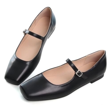 TN TANGNEST Leather Flats for Women Comfortable Square Toe Slip On Flats Soft Work Flats Retro Mary Jane Flats Black 39(7.5)