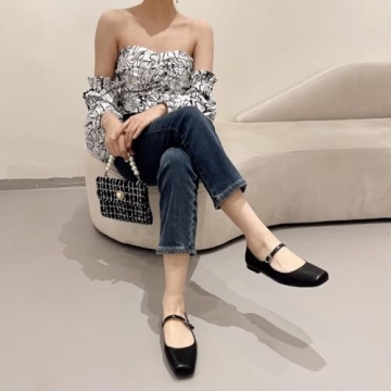 TN TANGNEST Leather Flats for Women Comfortable Square Toe Slip On Flats Soft Work Flats Retro Mary Jane Flats Black 39(7.5)