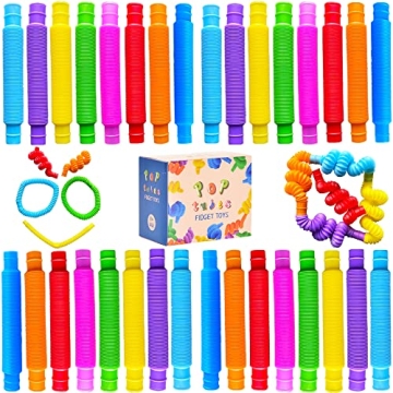 32Pack Pop Tubes, Fidget Tubes for Children and Adult Sensory Fidget Toy Set for Stress and Anxiety ...