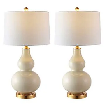 SAFAVIEH Lighting Collection Karlen Modern Contemporary Cream/ Gold Leaf Double Gourd 29-inch Bedroom Living Room Home Office Desk Nightstand Table Lamp Set of 2 (LED Bulbs Included)