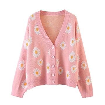 Women Y2K Floral Print Knit Cardigan Sweater