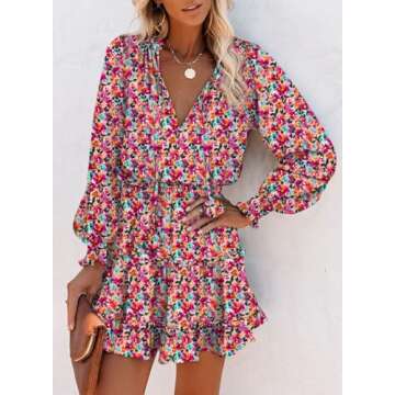 Dokotoo Womens Cute Short Spring Casual Sexy Drawstring Deep V Neck Ruffle Chiffon Lantern Long Sleeve Elegant Empire Waist Flowy Wedding Guest Party Mini Dresses for Women 2025 Sundress Purple Small