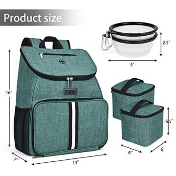 BAGLHER丨Dog Travel Bag, Airline Approved Pet Supplies Backpack, Dog Travel Backpack Accessories Set with 2 Silicone Collapsible Bowls and 2 Food Baskets. Green
