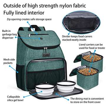 BAGLHER丨Dog Travel Bag, Airline Approved Pet Supplies Backpack, Dog Travel Backpack Accessories Set with 2 Silicone Collapsible Bowls and 2 Food Baskets. Green