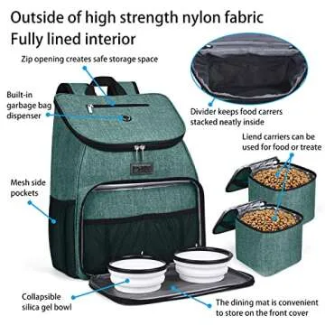 BAGLHER丨Dog Travel Bag, Airline Approved Pet Supplies Backpack, Dog Travel Backpack Accessories Set with 2 Silicone Collapsible Bowls and 2 Food Baskets. Green