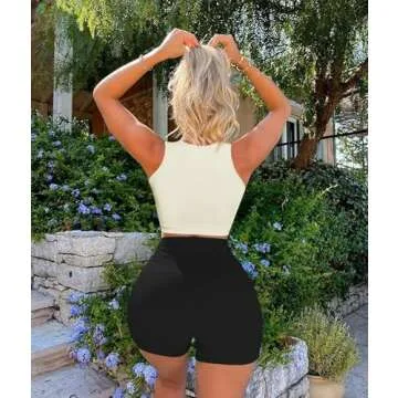 OLCHEE Womens 3 Pack Crop Tank Tops Seamless Ribbed Square Neck Tapered Shoulder Strap Sleeveless Workout Top Summer Shirts - Black Brown Beige Small