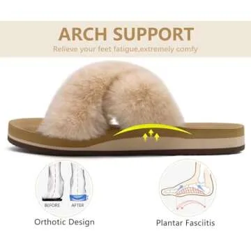 COFACE Womens Fuzzy Slides Fluff Fax Fur Cross Slippers Open Toe Yoga Mat House Slippers Sandals With Arch Support For Indoor/Outdoor