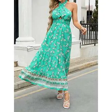 ZESICA Women's Summer Crossover Halter Neck Sleeveless Plaid Cut Out Backless Flowy A Line Maxi Dress,Aqua,X-Large