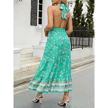 ZESICA Women's Summer Crossover Halter Neck Sleeveless Plaid Cut Out Backless Flowy A Line Maxi Dress,Aqua,X-Large