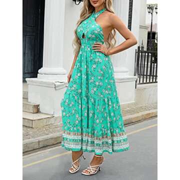 ZESICA Women's Summer Crossover Halter Neck Sleeveless Plaid Cut Out Backless Flowy A Line Maxi Dress,Aqua,X-Large