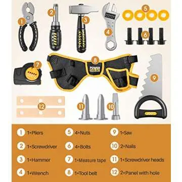 Geyiie Kids Tool Set with Adjustable Tool Belt, Toddler Tool Set for Kids, Pretend Play Construction Toy with Tools, Tool Kit as Easter Gifts for Kids Ages 3-8