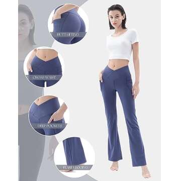 FairyLavie Cross Waist Flare Leggings for Women with Pockets Crossover High Waisted Tummy Control Bu...