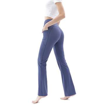 FairyLavie Cross Waist Flare Leggings for Women with Pockets Crossover High Waisted Tummy Control Butt Lifting Yoga Pants for Casual Workout