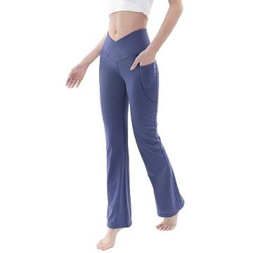 FairyLavie Cross Waist Flare Leggings for Women with Pockets Crossover High Waisted Tummy Control Butt Lifting Yoga Pants for Casual Workout