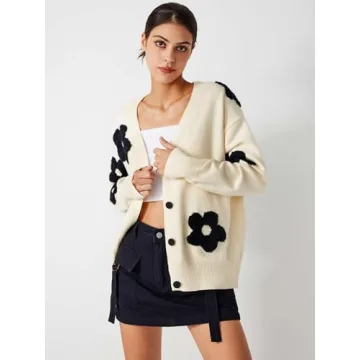 CIDER Women's Floral Cardigan – Knit Beige V Neck 2024