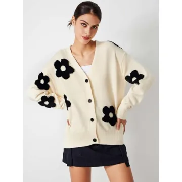 CIDER Women's Floral Cardigan – Knit Beige V Neck 2024