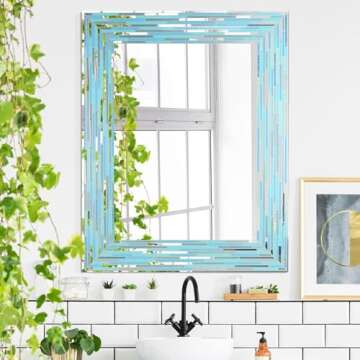 Head West 24"x30" Reeded Tiled Sea Glass Aqua Blue Vanity Mirror for Bathroom Wall, Mosaic Accent Rectangle Vanity Bathroom Mirror for Over Sink, Bedroom, & Living Room