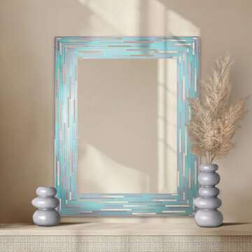 Head West 24"x30" Reeded Tiled Sea Glass Aqua Blue Vanity Mirror for Bathroom Wall, Mosaic Accent Rectangle Vanity Bathroom Mirror for Over Sink, Bedroom, & Living Room