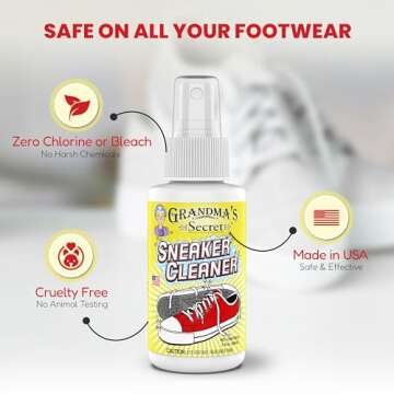 Grandma's Secret Sneaker Cleaner - Shoe Cleaner for Rubber, Canvas and Leather - Stain Remover Spray Removes Dirt, Grime and Grass - 3oz Sneakers Cleaner for Outdoor Shoes, Slippers and Moccasins