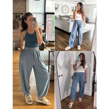 Xiaoxuemeng Womens Baggy Wide Leg Pants Casual Elastic Waisted Palazzo Harem Pants with Pockets(Dustyblue-XL)