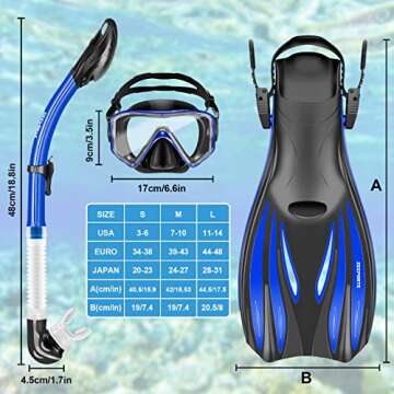 Zeeporte Dive Snorkeling Gear for Adults Kids - Mask Fins Snorkel Set with Panoramic View Snorkel Mask Anti-Fog Anti-Leak, Dry Top Snorkel, Dive Flippers and Gear Bag