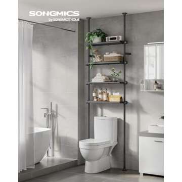SONGMICS Bathroom Organizer 4-Tier, Over The Toilet Storage Shelf, 4 Height Adjustable and Extendable Shelves, 35.4 to 122.1 Inch Tall, for Small Spaces, Bathroom, Living Room, Ink Black UBTS021B01